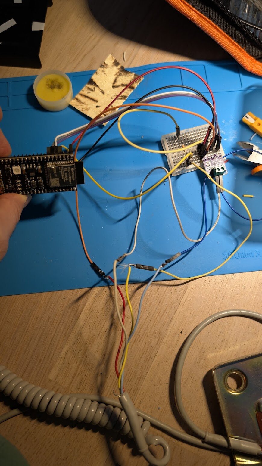 Prototyping the audio output: ESP32-S3 wired to the MAX98357A I2S DAC and telephone receiver